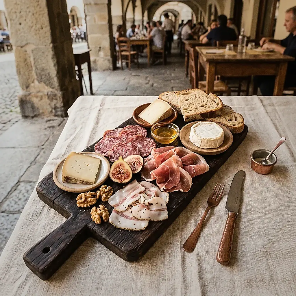 Tagliere di salumi e formaggi tipici piemontesi con dettagli in rame