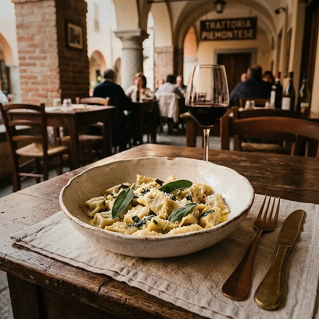 Agnolotti del plin al burro e salvia serviti in ceramica chiara