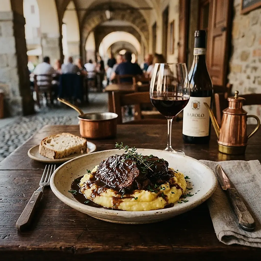 Brasato al Barolo con purè di patate e calice di vino