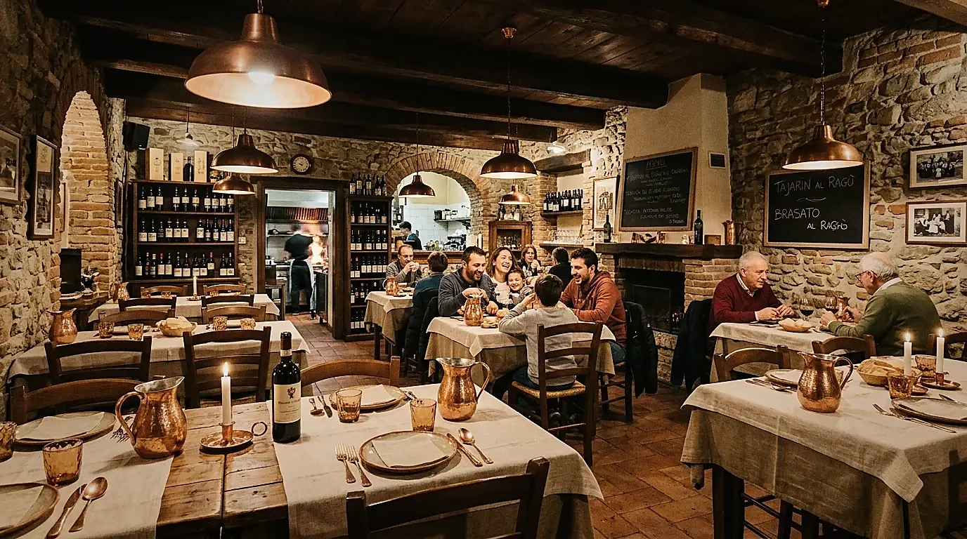 Sala interna della trattoria con travi in legno scuro e dettagli in rame