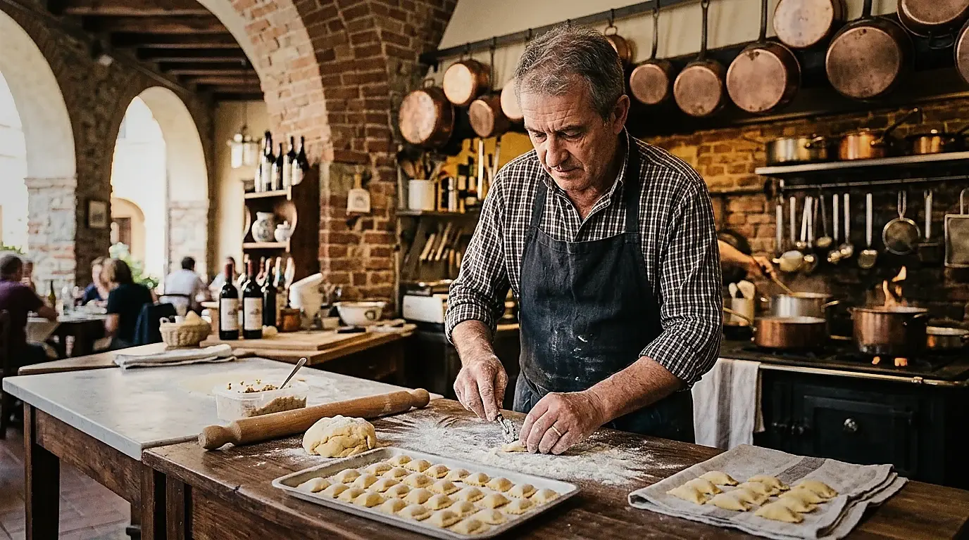 Il cuoco al lavoro nella cucina a vista della trattoria